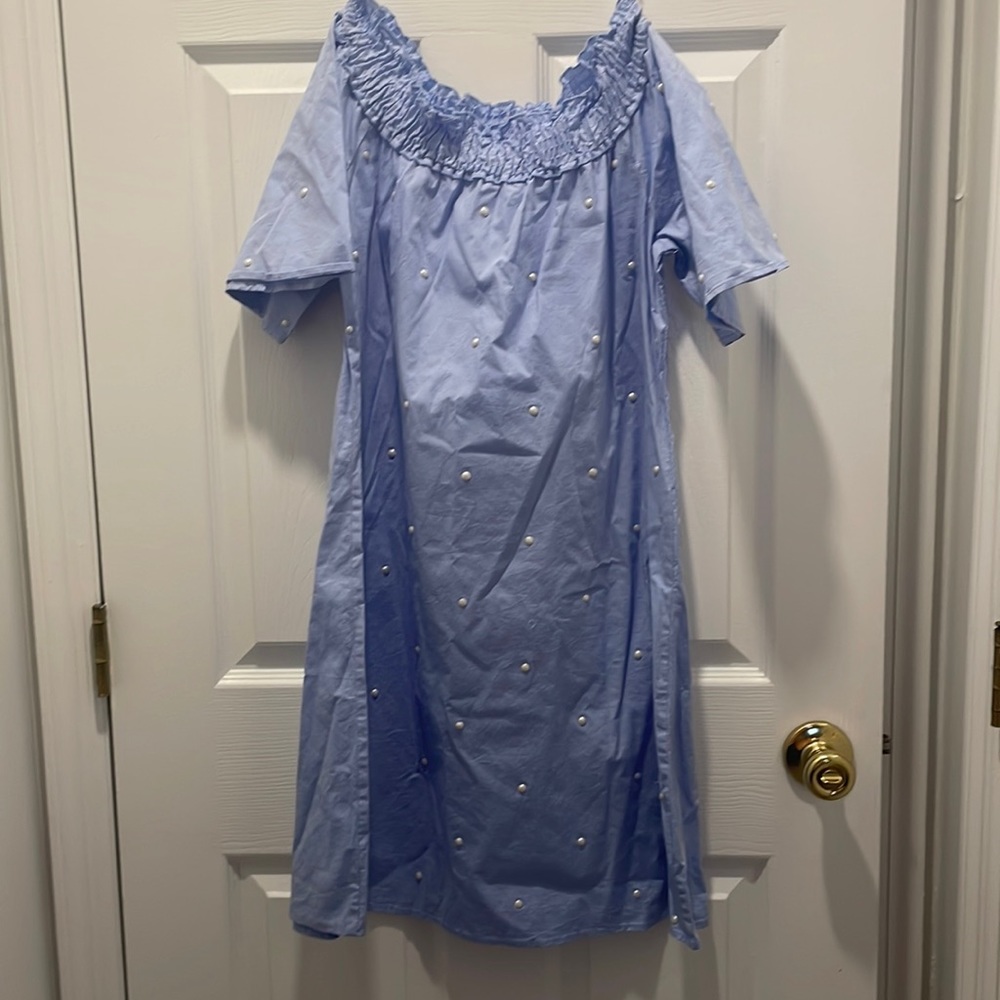Chambray off the shoulder short sleeve dress